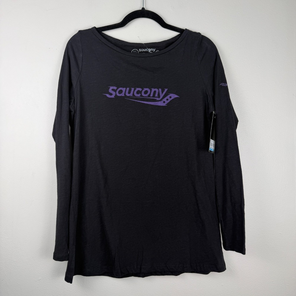 Saucony Shirt Women's Medium Black Cotton Long Sleeve Boat Neck Pullover Casual